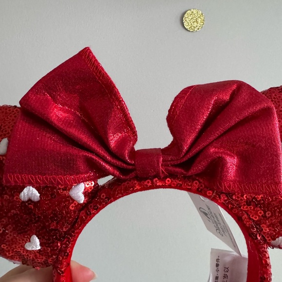Valentine’s Day Minnie Mouse Ears Headband – Red Sequin with Heart Accents - Picture 6 of 8